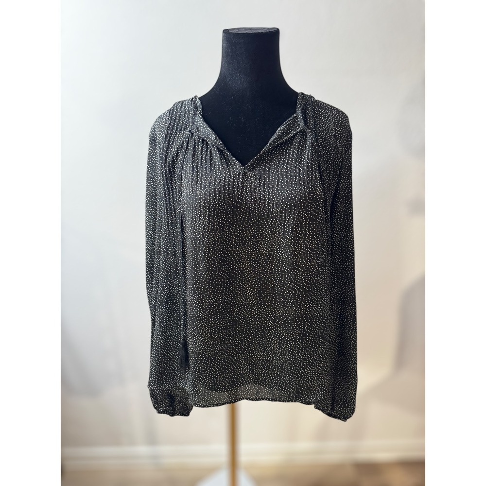 DR2 Black White Polka Dot Long Sleeve V Neck Tassel Blouse Top Womens Size L